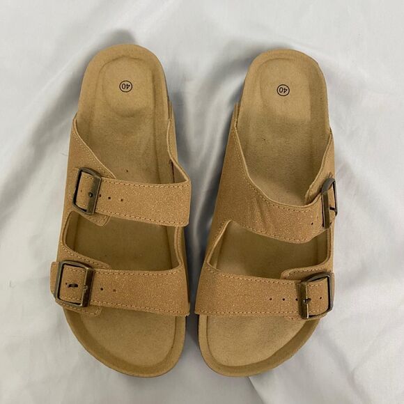 Boho Tan Brown Faux Suede Brassy Gold Buckle Sandals / Slides EU 40 US 9.5 - Picture 2 of 5